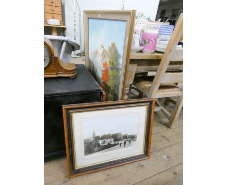Large gilt framed oil painting country scene, framed print of Bournemouth square and another of aeroplanes 
