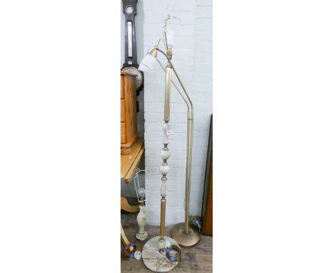 Gilt two branch angle poise reading lamp, brass and onyx standard lamp and a similar table lamp 