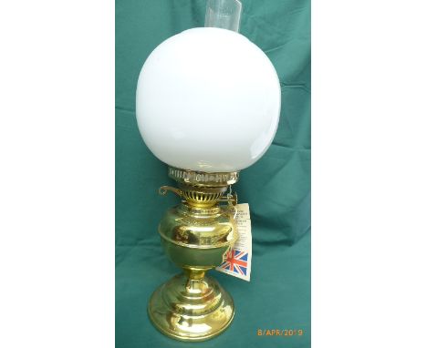 Unused brass paraffin lamp with flue and clouded glass shade etc