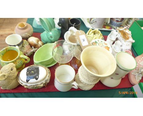 Tray of miniatures incl. shoe and other specimen vases, green Sylvac rabbit, Carltonware mint sauce dish etc.