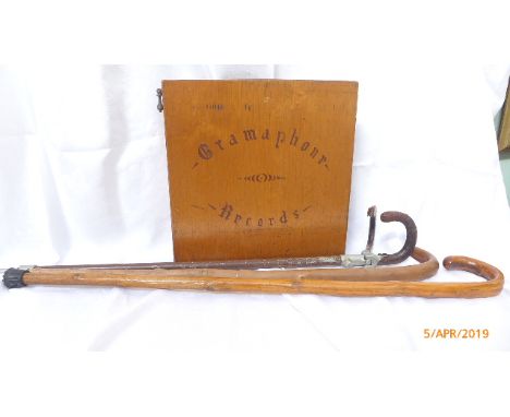 Original gramophone record case, shooting stick and 2 walking sticks 