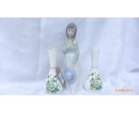 Nao Lladro figure of a young girl carrying a bonnet and holding a bunch of flowers, pair of Staffordshire bone china Kowloon 