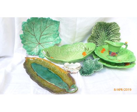 Selection of green leaf plates from various factories including Carlton Ware together with cream jug etc