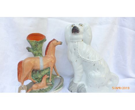 2 large Victorian mantelpiece ornaments incl. a white Spaniel and a mare and foal ornament