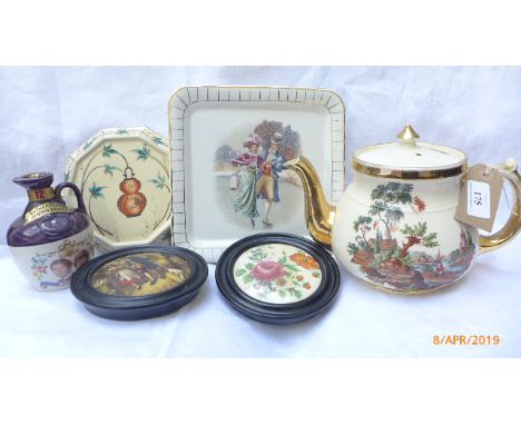 Decorative Arthur Wood teapot, 3 plates,  'Cries of London' framed pot lid and another, Charles &amp; Diana wedding Rutherfor