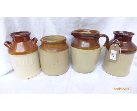 Stoneware jar and 3 storage jars in similar style