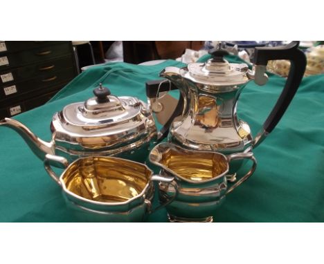 4 PIECE SILVER TEA SERVICE OF BLACK BONE HANDLED TEA-POT AND HOT WATER JUG, DOUBLE HANDLED SUGAR BASIN AND MILK JUG BOTH WITH