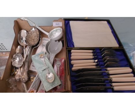 Boxed set of six bone handled plated fish eaters , eight plated presentation spoons, three berry spoons, pair of shorter Staf