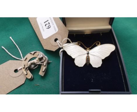 Norwegian sterling silver white enamel butterfly brooch in presentation box and an un-hallmarked silver horseshoe fox brooch