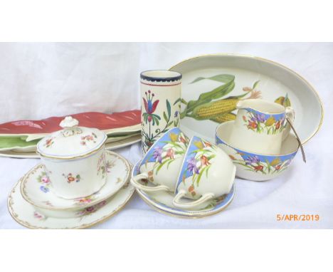 3 Carlton ware leaf plates, Royal Crown Derby lidded jam pot and a 4 piece Spring Time tea set etc.