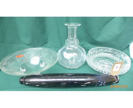 Black glass rolling pin, cut glass fruit bowl and another, heavy based Port ships decanter