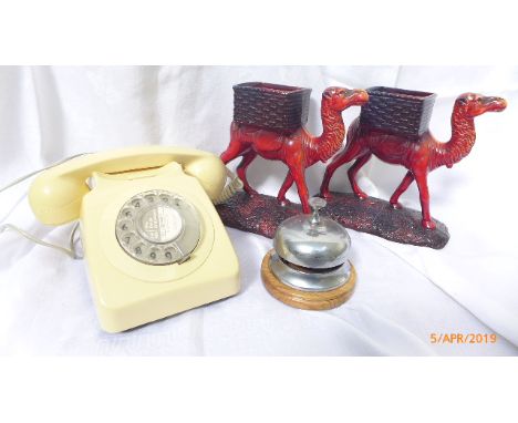 Pair of camel mantelpiece vases, cream plastic telephone, desk bell etc.