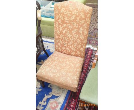 High backed hall chair the seat and back upholstered in light brown autumnal contemporary cloth