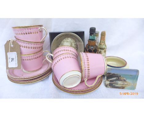 Set of 6 pink and gilt ground tea cups and saucers, Devon ware trinket dish