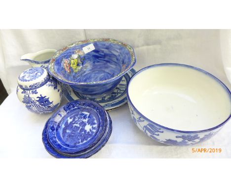 Blue and white ware incl. a Royal Bradwell Arthur Wood decorative fruit bowl, Minton willow patterned fruit bowl, Masons ging