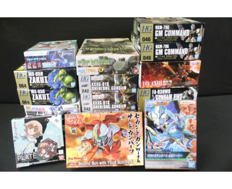 16 Boxed Bandai Gundam HG Universal City, After Colony and Gundam Age plastic model kits, mainly 1/144 scale to include 4 x 5
