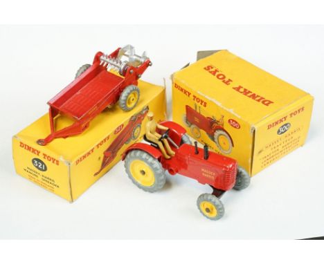 Two boxed Dinky diecast farming models to include 300 Massey Harris Tractor (diecast vg with the odd chip, box fair) and 321 