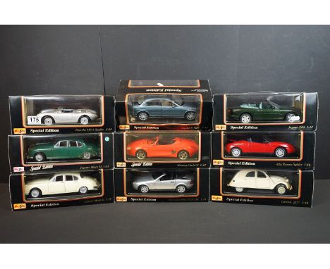 Nine boxed 1/18 scale Maisto Special Edition diecast models to include Jaguar S-Type, Mustang Mach III, Porsche 550 A Spyder,