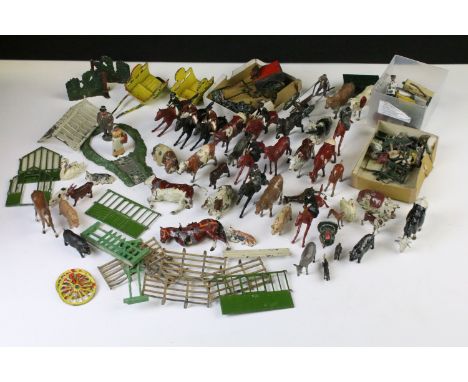 Collection of early - mid 20th C play worn metal farming &amp; hunting animals, figures and accessories to include many Brita