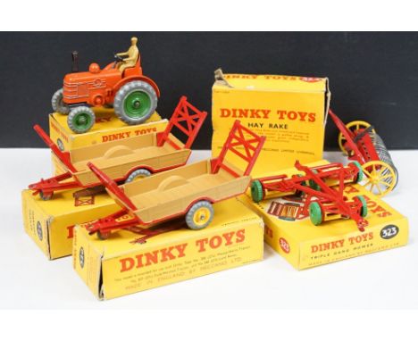 Five boxed Dinky farming diecast models to include 301 Field Marshall Tractor in orange with driver figure, 323 Triple Gang M