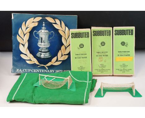 Subbuteo - Three boxed HW teams to include Fulham, West Ham and WBA, a cloth pitch, 2 x goals and a ESSO coin collection set 
