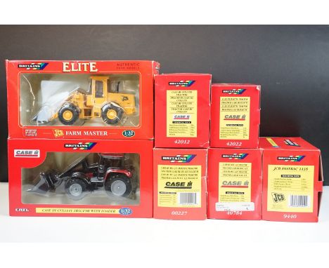Seven boxed Britains 1/32 diecast model tractors to include Elite 04500 JCB Farm Master, 42013 Case IH CVX1145 Tractor with l