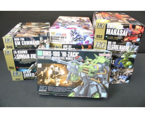 12 boxed 1/144 scale Bandai Gundam HG Universal Century, Gundam Age and After Colony plastic model kits to include 5057952 05