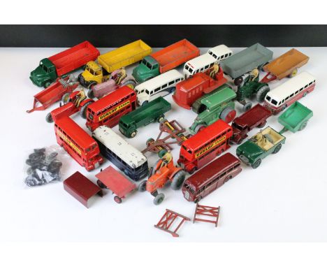 24 Mid 20th C play worn Dinky diecast models featuring Heavy Tractor, Observation Coach, 418 Leyland Comet, 3 x Routemaster b
