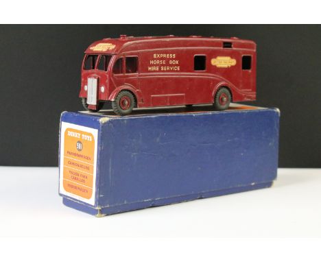 Boxed Dinky 581 Horse Box diecast model, diecast gd with paint chips, decals mainly vg with some wear to front British Railwa
