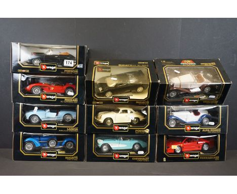 Ten boxed 1/18 scale Burago diecast models to include Alfa Romeo 2300 Spider 1932, Ferrari F40 1987, Lancia Aurelia B24 Spide