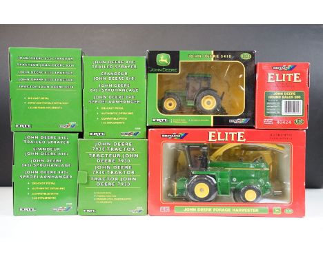Seven boxed Britains 1/32 John Deere diecast models to include 5 x Britains ERTL (42407 8330 Tractor, 2 x 42208 840i Trailed 