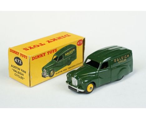 Boxed Dinky 472 Austin Van Raleigh Cycles diecast model, yellow hubs, vg 