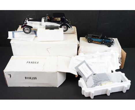 Three boxed Franklin Mint Precision diecast models to include The 1931 Bugatti Royale Coupe De Ville in navy blue with silver