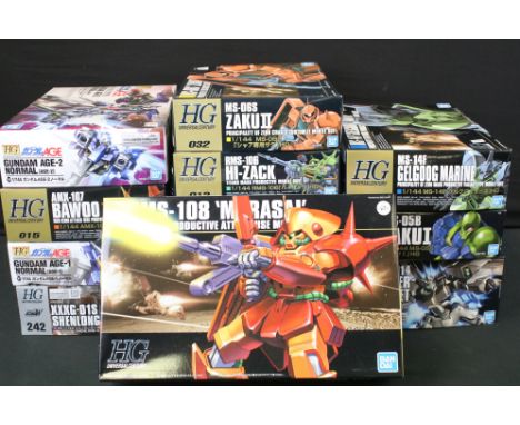 12 boxed 1/144 scale Bandai Gundam HG Universal Century, Gundam Age and After Colony plastic model kits to include 5057952 05