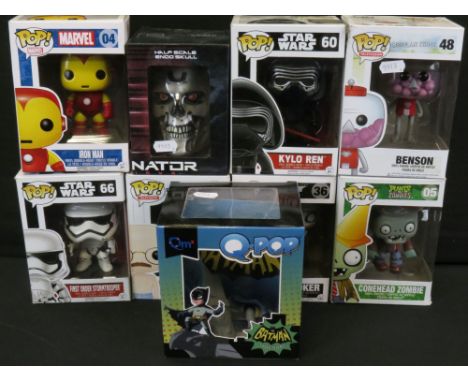 Seven boxed Funko Pop figures to include Batman The Dark Knight The Joker, Plants v Zombies Conehead Zombie, Arressted Develo