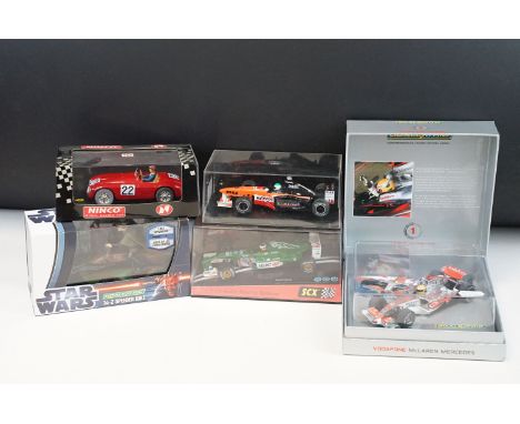 Five cased slot cars to include Scalextric C3025A Vodafone Mclaren Mercedes Lewis Hamilton with COA No. 1310/2008, Scalextric