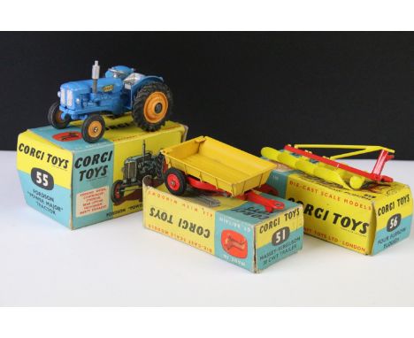 Three boxed Corgi farming diecast models to include 55 Fordson Power Major Tractor in blue with dark yellow hubs (a few paint