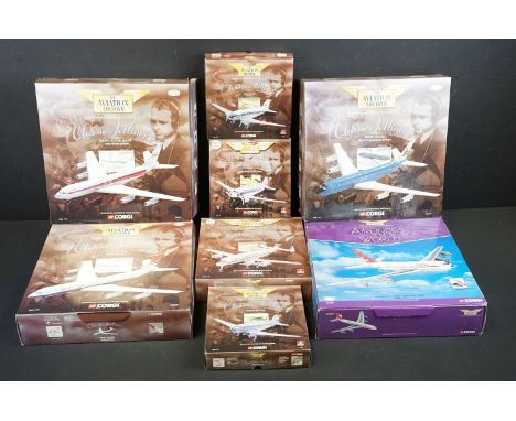 Eight boxed 1/144 scale Corgi Aviation Archives diecast models to include AA32904 Boeing 707-327C, AA32909 Boeing 707-338C, A