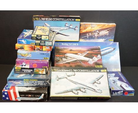 14 Boxed &amp; unbuilt 1/72 scale Heller plastic models kits featuring 80307 Air Force One, 80463 Boeing 707-300 B, 80315 Dou