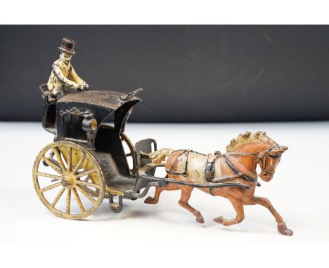 Late 19th C painted cast metal horse &amp; cart model with driver, showing paint loss