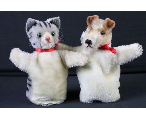 Steiff - Two Steiff hand puppets to include 1 x cat and 1 x dog, both with red bow ties, both in vg condition 
