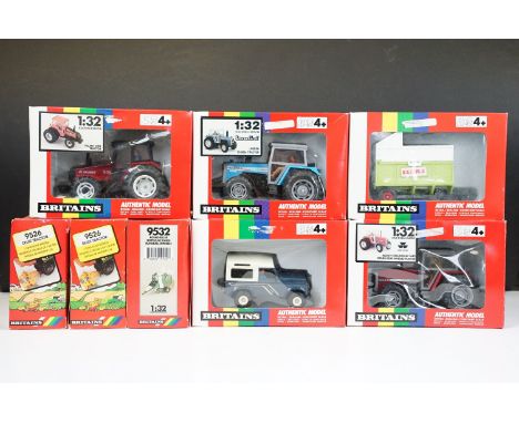 Eight boxed Britains farming related diecast models to include 9505 Valmet DRW Tractor, 9494 Landini 10,000s Tractor, 9532 Ro