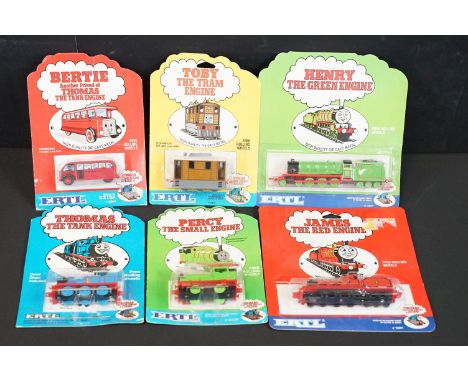 Six carded ERTL Thomas The Tank Engine &amp; Friends diecast models to include Percy The Small Engine, James The Red Engine, 