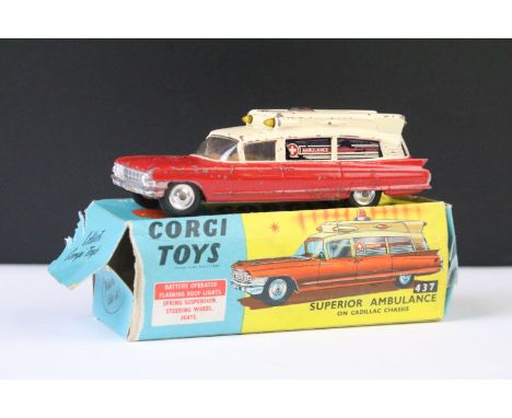 Boxed Corgi 437 Superior Ambulance On Cadillac Chassis, diecast fair with signs of play wear and paint chipping, battery comp