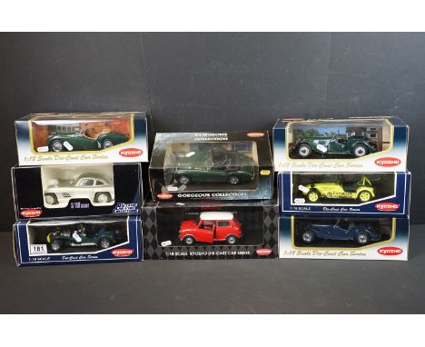 Eight boxed 1/18 scale Kyosho diecast models to include 08111G Morgan 4/4 Series II (Green), 7022Y Caterham Super Seven JPE (