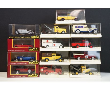 13 Cased / boxed Solido Age d'or diecast models to include Renault 40CV 1926, Ambulance 44311 etc, diecast ex, cases gd 