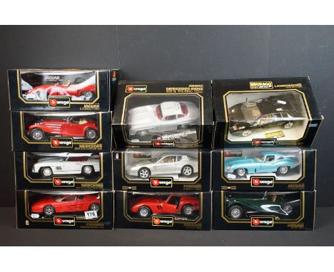 Ten boxed 1/18 scale Burago diecast models to include Jaguar E Coupe 1961, Jaguar SS 100 1937, Ferrari Testarossa 1984, Merce