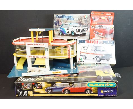 Four boxed toys to include Scalextric The Italian Job Advanced Track System set, 2 x 1/24 scale Italeri plastic model kits fe