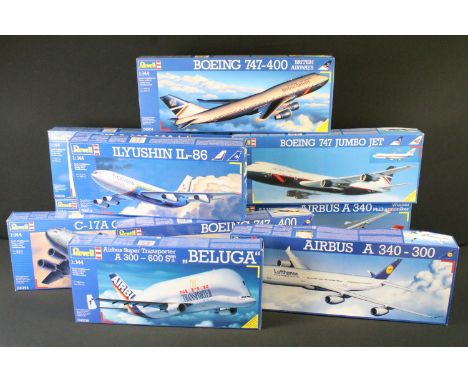 Ten boxed &amp; unbuilt 1/144 scale Revell plastic model kits to include 04044 C-17A Globemaster III, 04013 Ilyushin IL-86, 4
