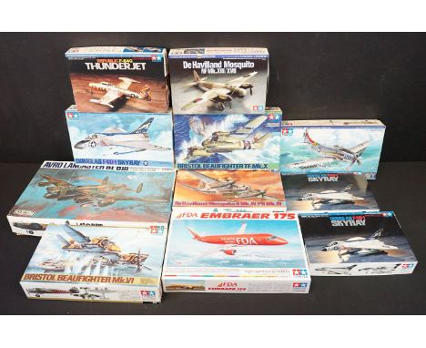 11 Boxed &amp; unbuilt Tamiya plastic models kits to include 1/48, 1/72 and 1/100 scale models featuring MA120 1/48 Avro Lanc